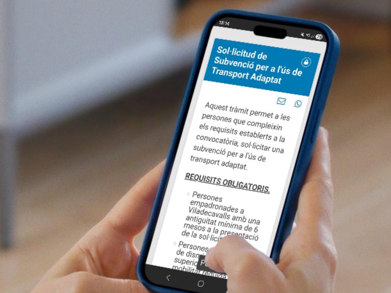 Una persona consulta des del telèfon mòbil el tràmit de sol·licitud de la subvenció per a l’ús de transport adaptat.