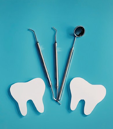 Estris d'odontologia sobre una superfície blava, en una imatge representativa de l'atenció bucodental.