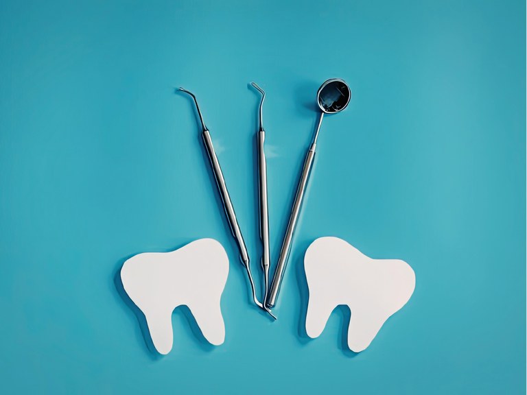 Estris d'odontologia sobre una superfície blava, en una imatge representativa de l'atenció bucodental.